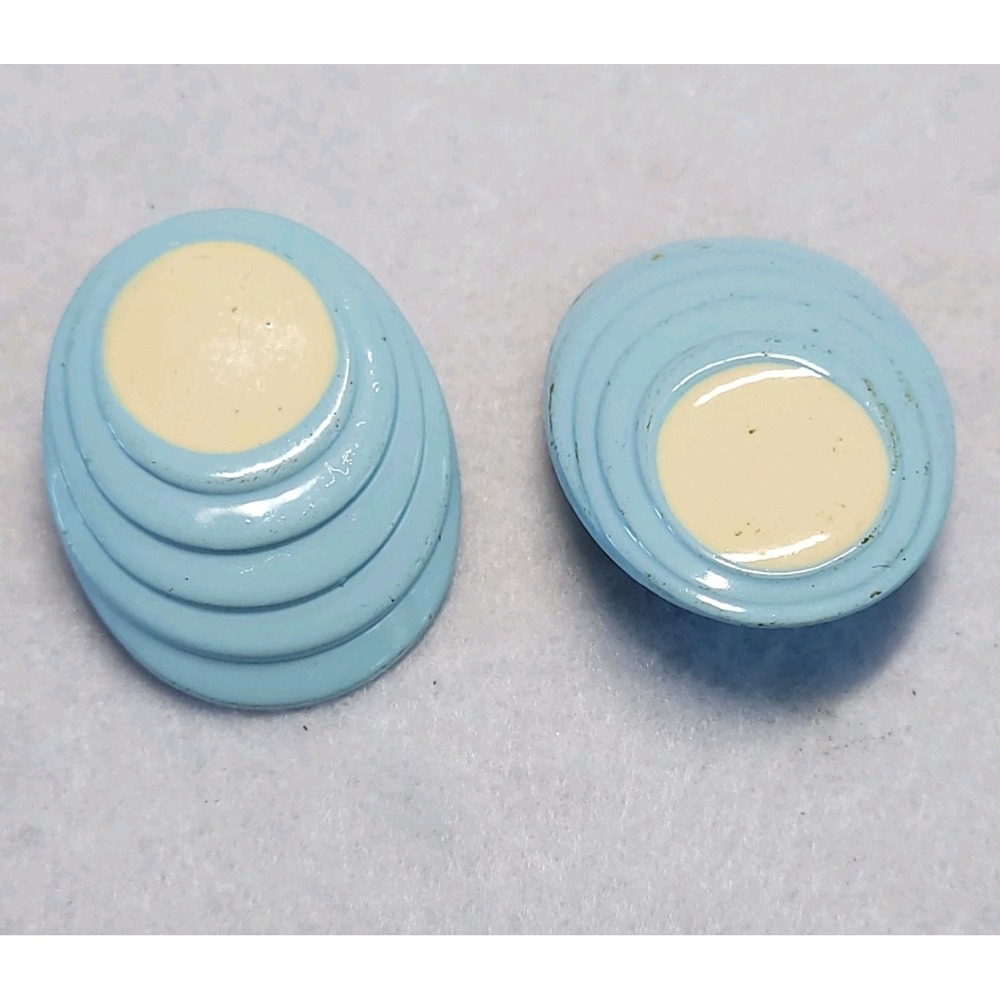 Retro 80s Mod Blue Enamel Ribbed Tiered Button Clip On Earrings Vintage Vtg